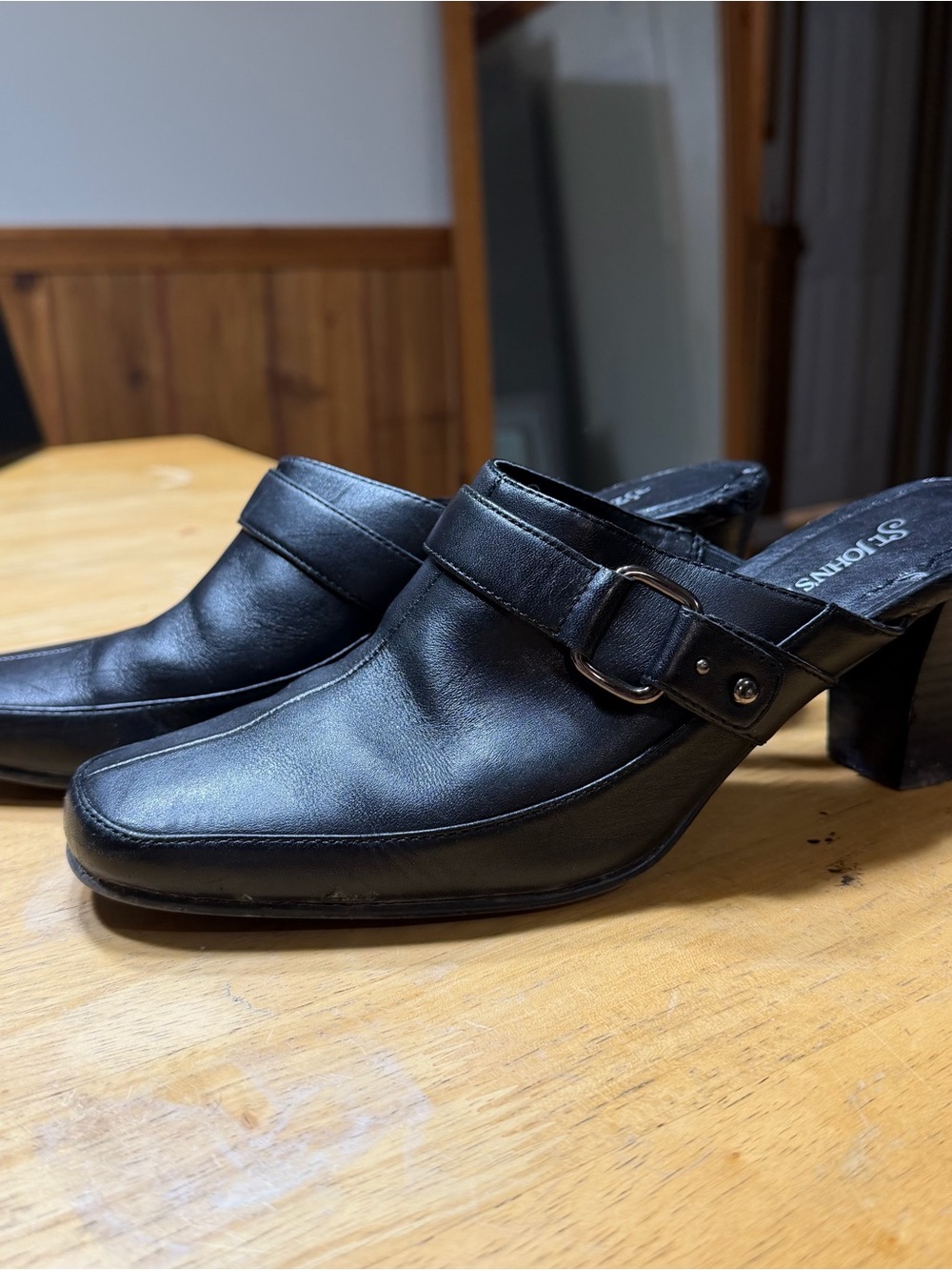 St John’s Bay Black Leather Heeled Mules with Buckle Strap